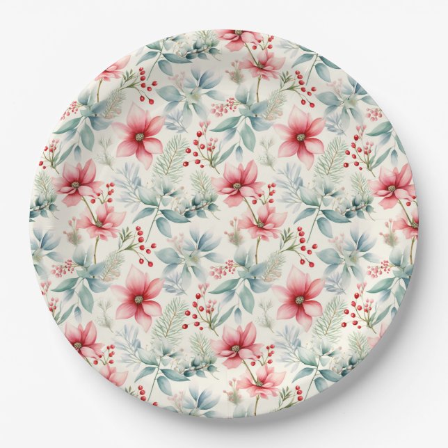Plato de papel de fiesta floral rojo (Anverso)
