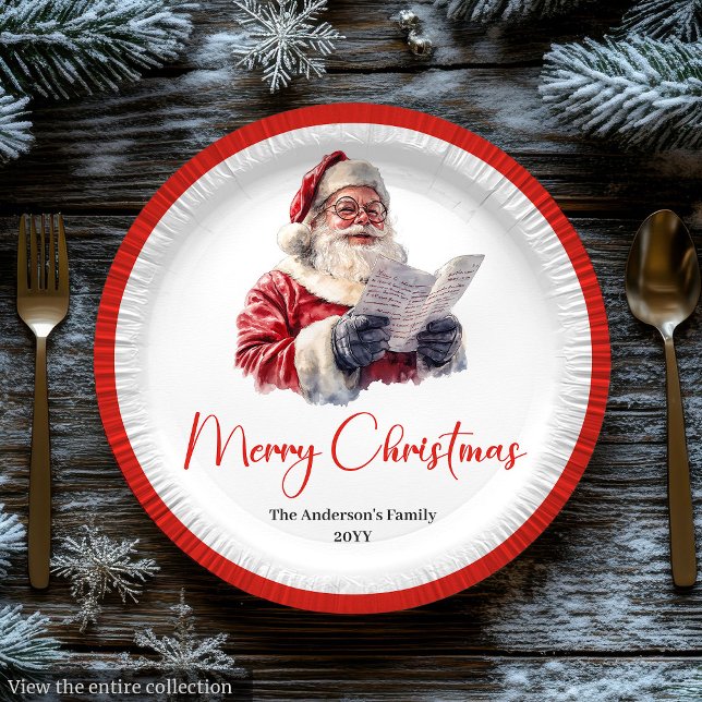 Plato de papel de fiesta navideño rojo blanco Clau (Cozy Santa Claus Red White Holiday Paper Plate Design

)