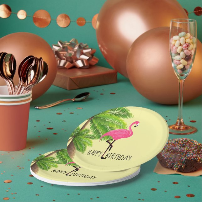 Plato de papel de flamenco rosa y palmeras (Multi)