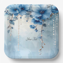 Plato de Papel de Flores Azules y Perlas