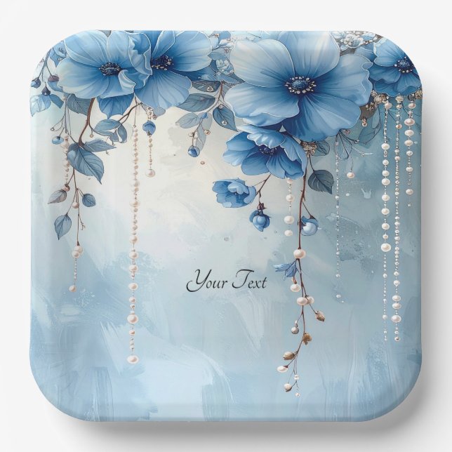 Plato de Papel de Flores Azules y Perlas (Anverso)