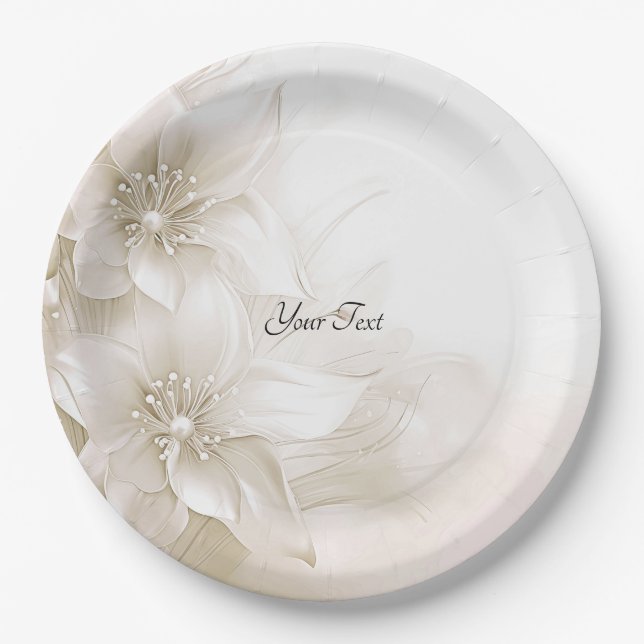Plato de papel de flores blancas de marfil elegant (Anverso)