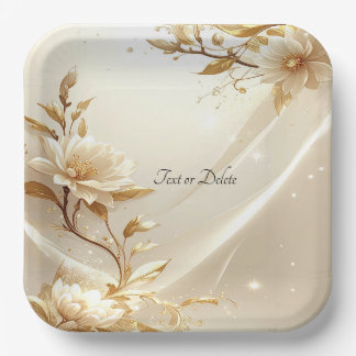 Plato de papel de flores blancas y doradas