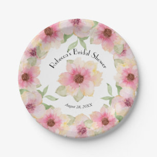 Plato de papel de flores de color rosa con acuarel