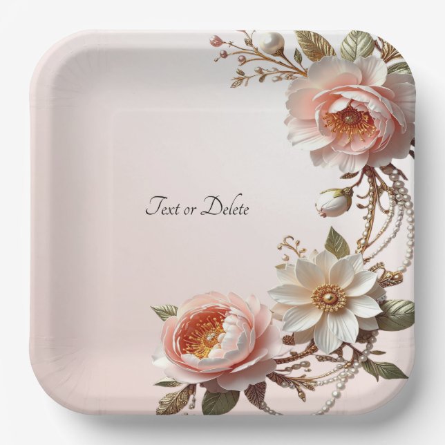 Plato de papel de flores decorativas rosadas y bla (Anverso)