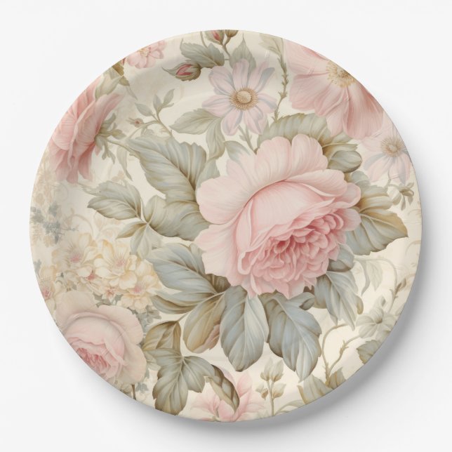 Plato de Papel de Flores Rosadas (Anverso)