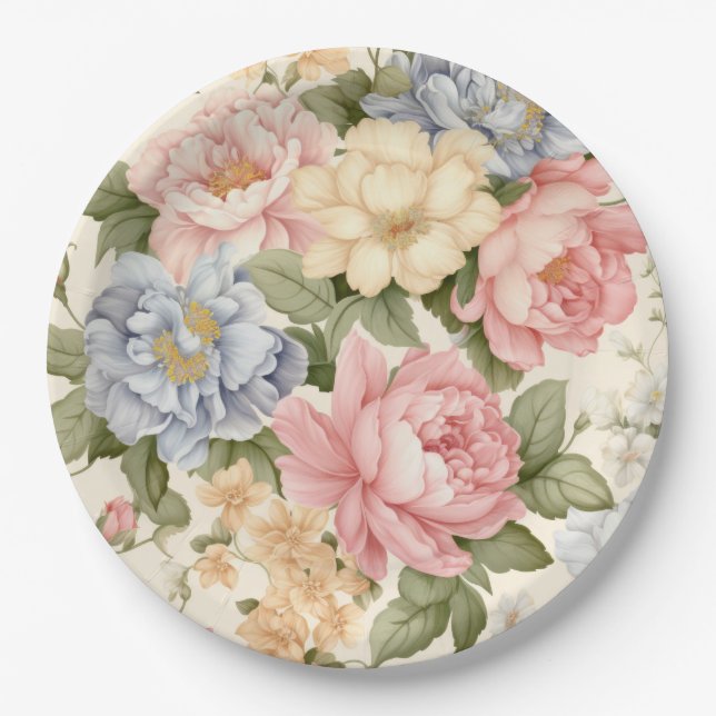 Plato de Papel de Flores Rosadas Azules Amarillas (Anverso)