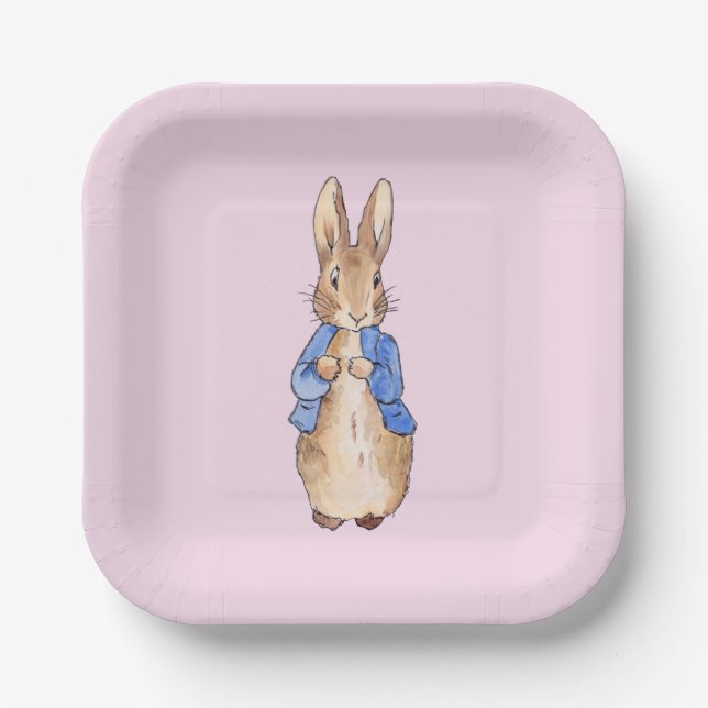 Plato de papel de fondo rosa conejo clásico (Anverso)