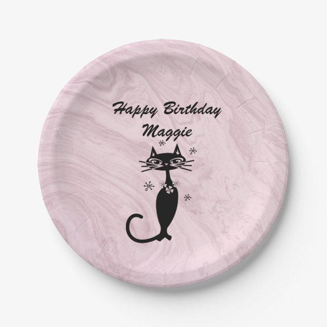 Plato de papel de gato atómico retro rosa (Anverso)