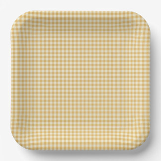 Plato de papel de gingham amarillo neutro en cuant