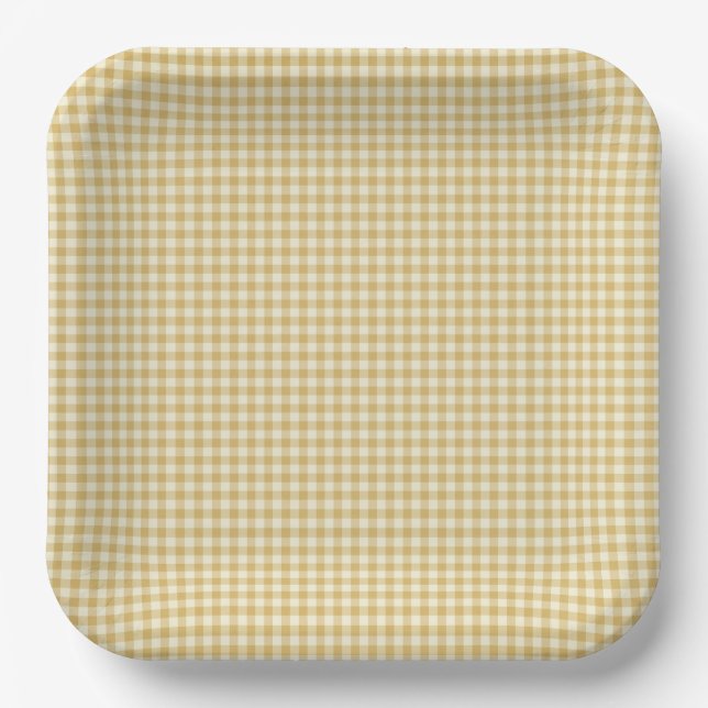 Plato de papel de gingham amarillo neutro en cuant (Anverso)