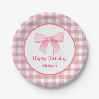 Plato de papel de gingham con lazo rosa
