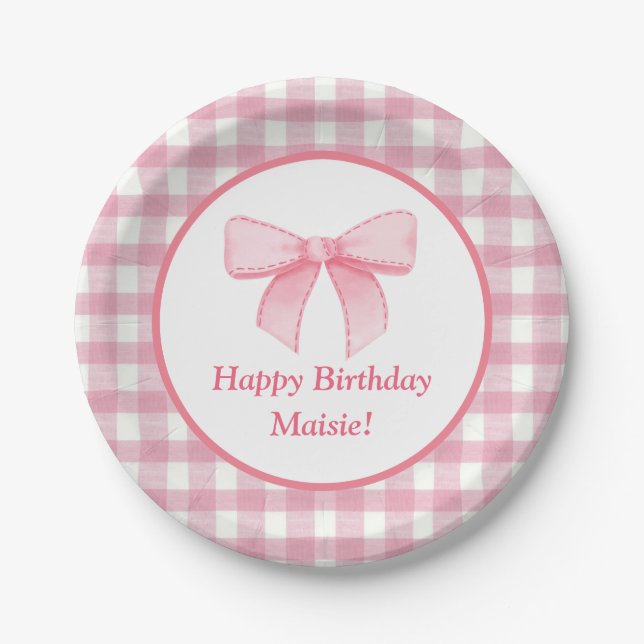 Plato de papel de gingham con lazo rosa (Anverso)