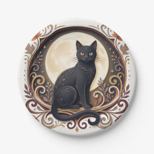 Plato de papel de Halloween de gato negro vintage