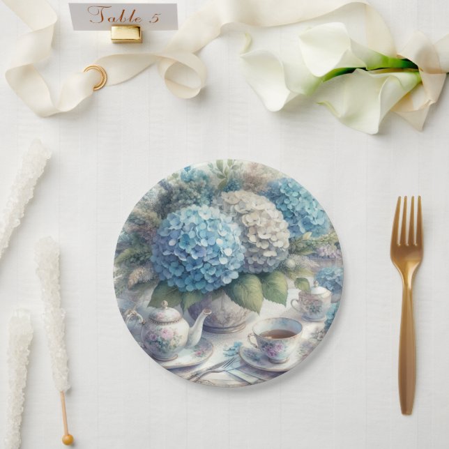Plato de papel de hortensia azul para fiesta de té (Boda)