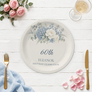 Plato de papel de Hydrangea azul acuarela para 60
