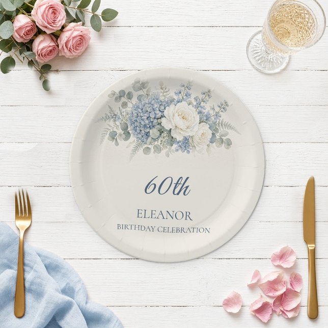 Plato de papel de Hydrangea azul acuarela para 60  (Subido por el creador)