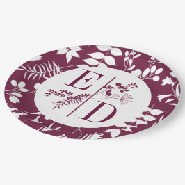 Plato de papel de iniciales burgundy modernas para