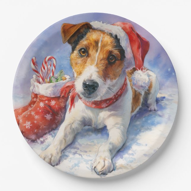 Plato de papel de Jack Russell de Navidad (Anverso)