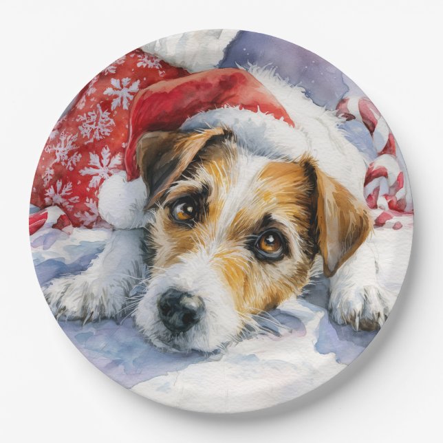 Plato de papel de Jack Russell de Navidad (Anverso)