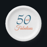 Plato De Papel De la fiesta placa de papel azul y 50.a de<br><div class="desc">Celebre su 50.o cumpleaños en estilo con este diseño elegante del fiesta. 50 y fabuloso en texto de lujo azul marino y anaranjado.</div>