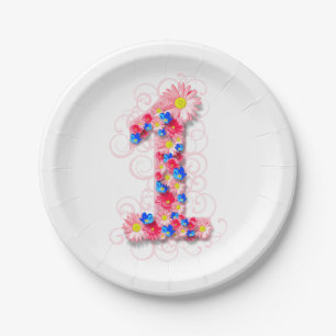 Plato De Papel De las niñas flor rosada una del 1r cumpleaños