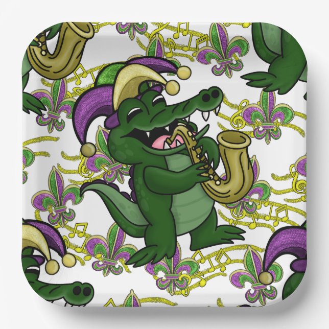 Plato de papel de Mardi Gras-NOLA Gator (Anverso)