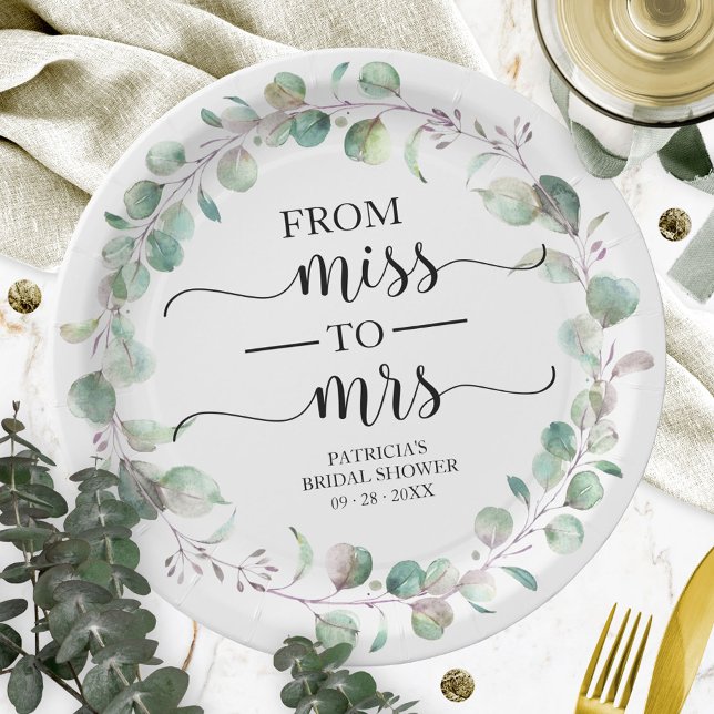 Plato De Papel De Miss a Mrs Greenery Eucalyptus Bridal Shower (Subido por el creador)