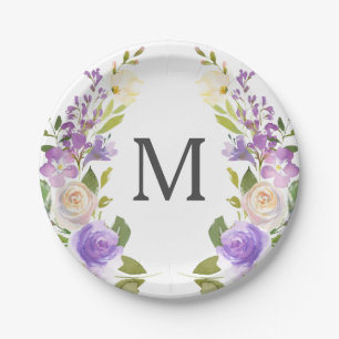 Plato de papel de monograma floral de lavanda para