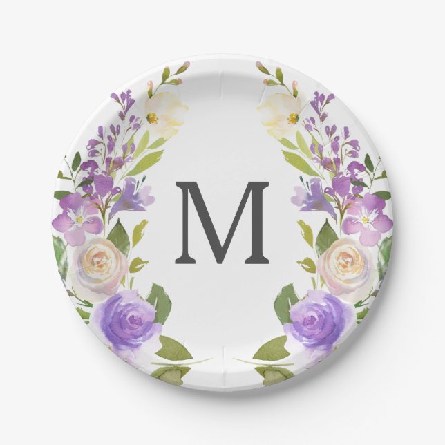 Plato de papel de monograma floral de lavanda para (Anverso)