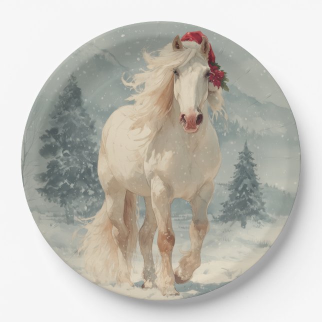Plato de papel de Navidad de caballo blanco (Anverso)