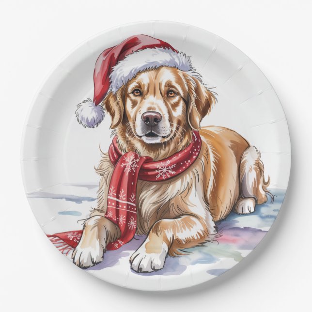 Plato de papel de Navidad de Golden Retriever (Anverso)