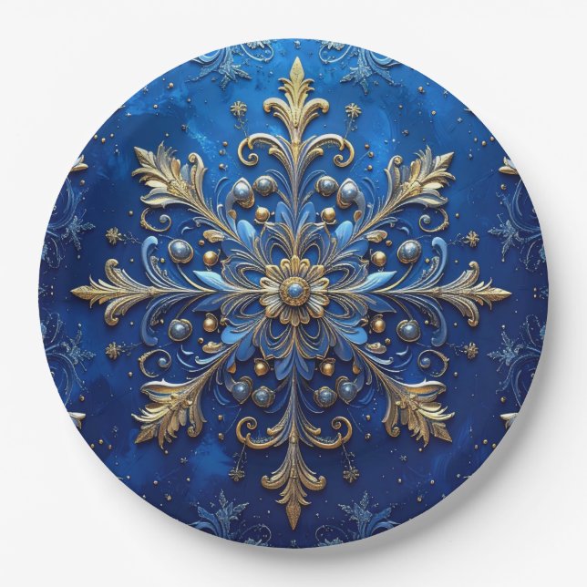 Plato de Papel de Navidad Decorativo Azul (Anverso)