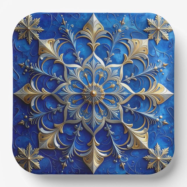 Plato de Papel de Navidad Decorativo Azul (Anverso)