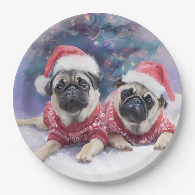 Plato de papel de Navidad para amantes de los pug (Anverso)