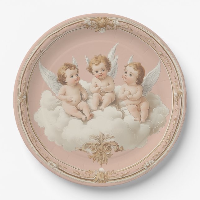 Plato de papel de nube querubín rococó rosa románt (Anverso)