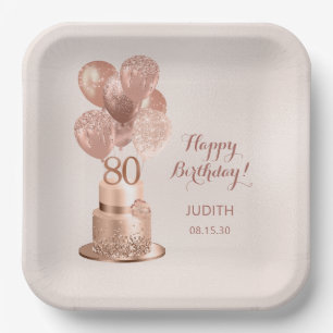 Plato de papel de oro rosa para cumpleaños 80