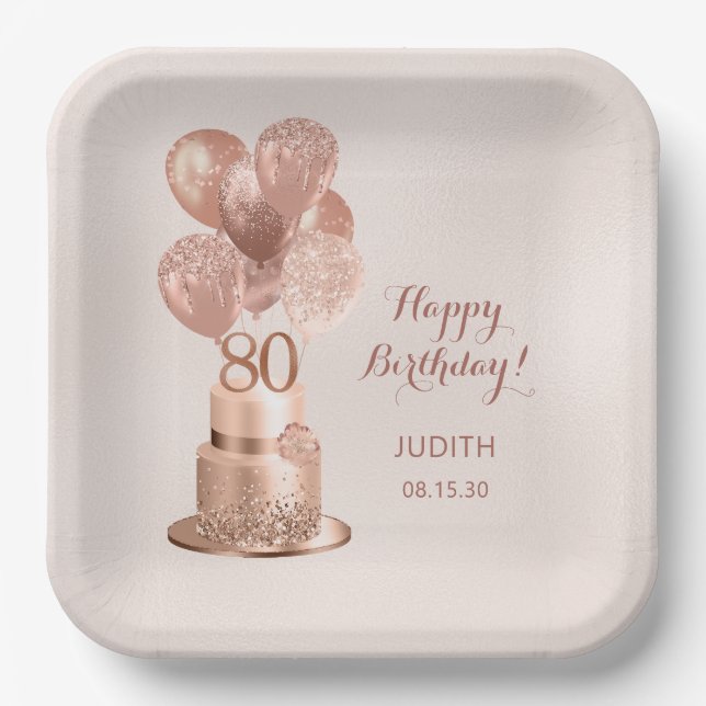 Plato de papel de oro rosa para cumpleaños 80 (Anverso)