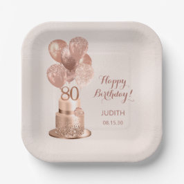 Plato de papel de oro rosa para cumpleaños 80