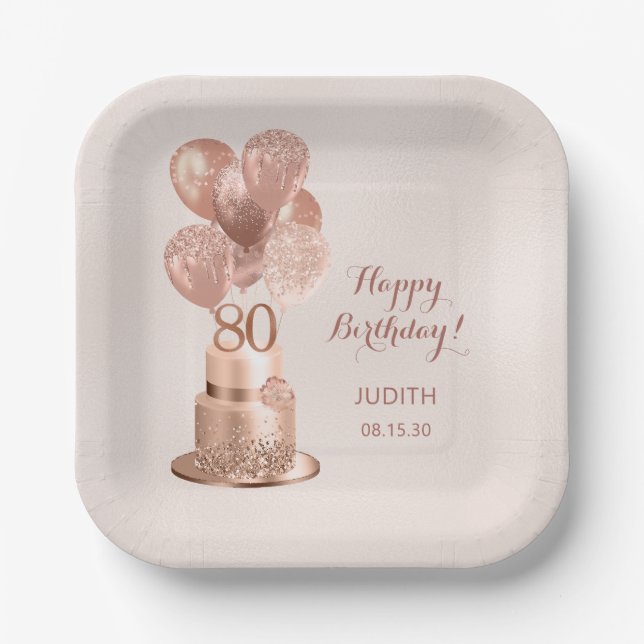 Plato de papel de oro rosa para cumpleaños 80 (Anverso)