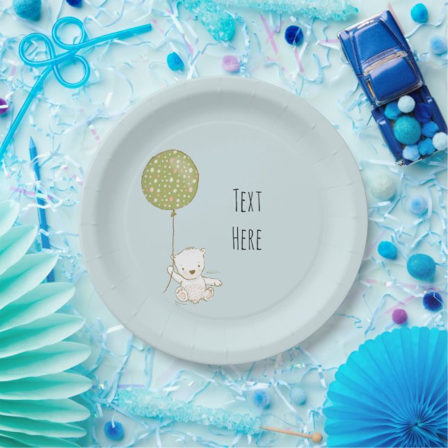 Plato de papel de oso y globo - Azul (Fiesta)