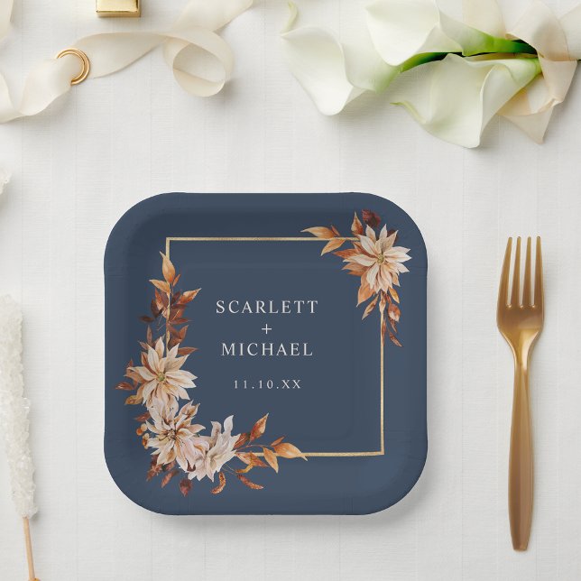 Plato de Papel de Otoño Azul Marino (Navy Blue Fall Floral Paper Plate by Painted Paperie
)
