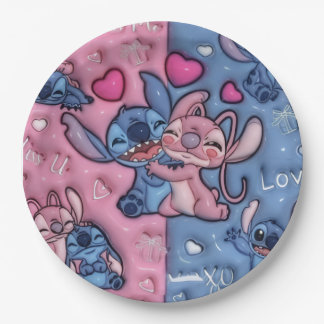 Plato de papel de parejas adorable Stitch y Angel