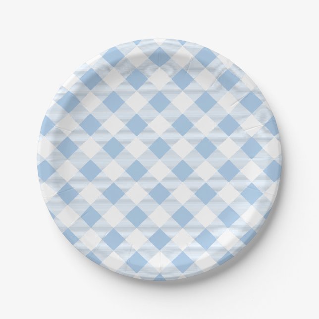 Plato de Papel de Patrón de Gingham Azul, Picnic,  (Anverso)