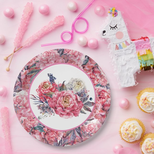 Plato de Papel de Peonías Rosadas (Fiesta)