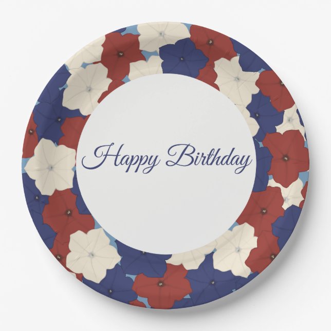 Plato de papel de Petunias - Feliz Cumpleaños (Anverso)