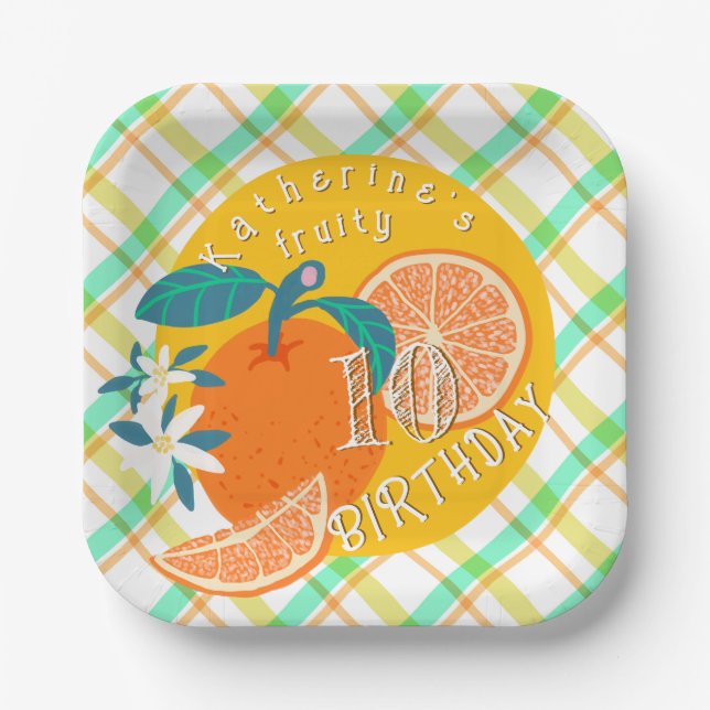Plato de papel de plaid afrutado naranja cumpleaño (Anverso)