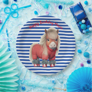 Plato de papel de pony azul y rojo