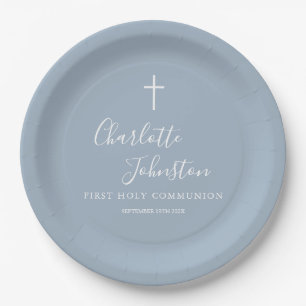 Plato de papel de primera comunión con guión azul 