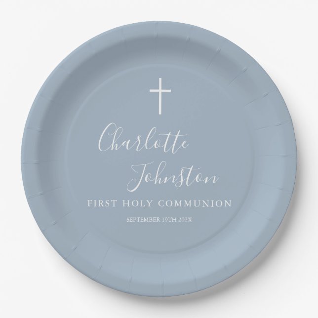 Plato de papel de primera comunión con guión azul  (Anverso)